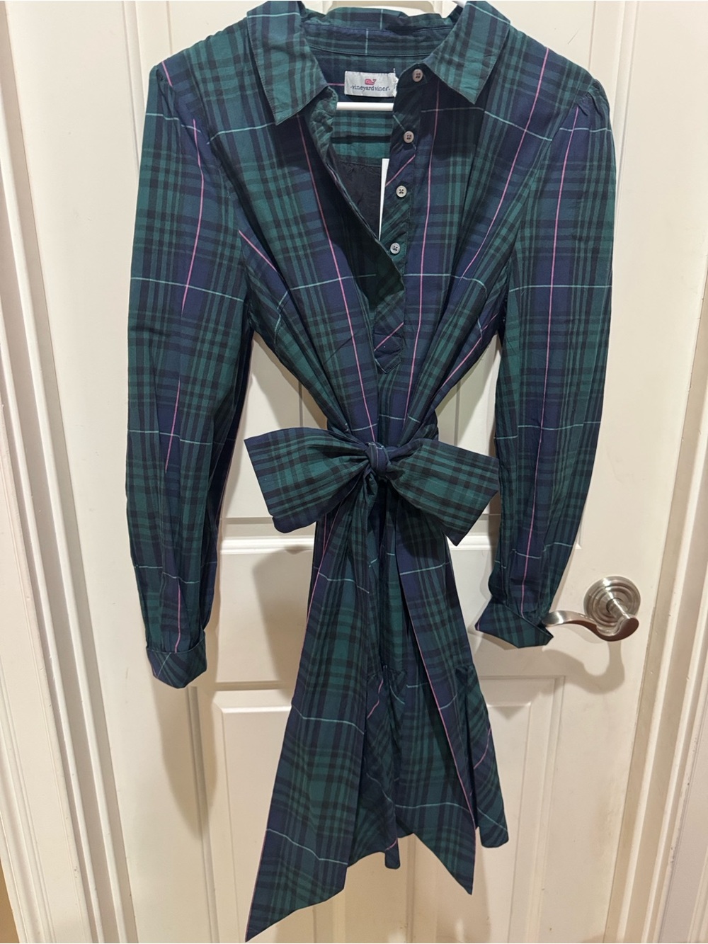 Vineyard Vines Green and Navy Plaid Tie-Waist Shirt Dress